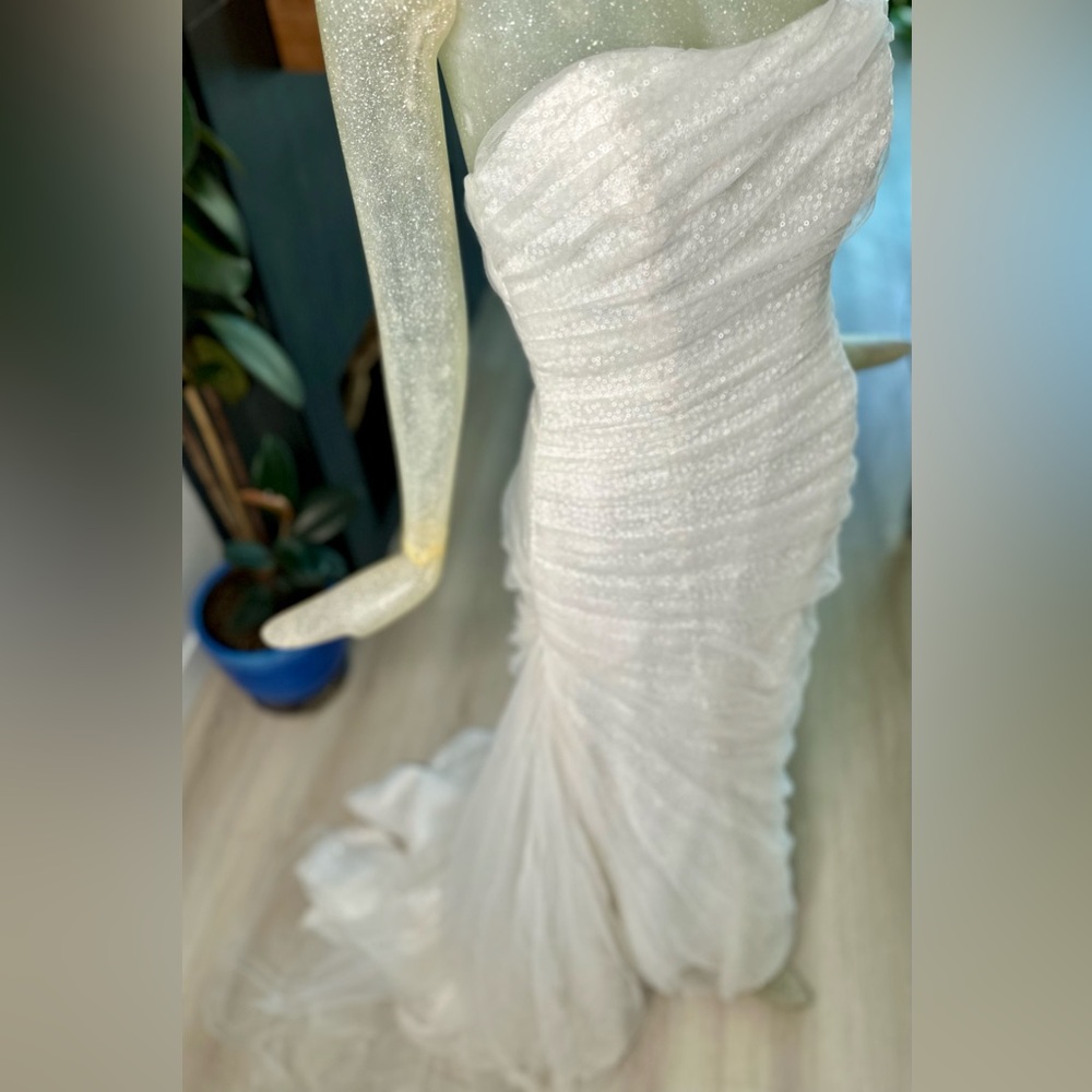 Galina Signature Ivory Sequin Strapless Wedding Gown with Stunning Train. Size 6
